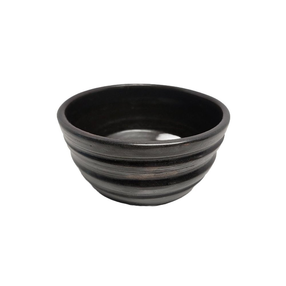 Signed Studio Art Pottery Ribbed Hand Thrown Black Brown Glaze Ceramic Bowl 7"